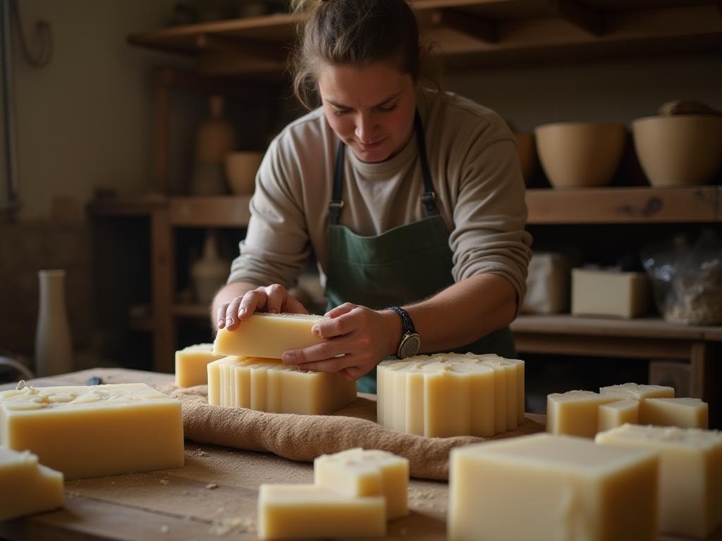 Artisan handcrafting soap in a workshop